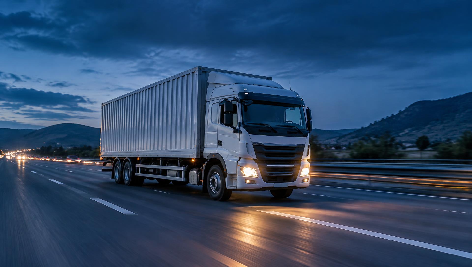 Closed-container truck on an Indian national highway at dusk